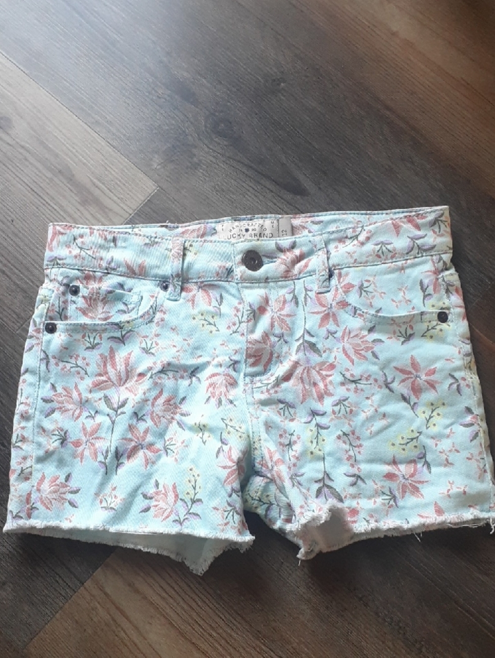 Lucky Brand Floral Print Girls Denim Shorts - Light Blue with Pink Floral